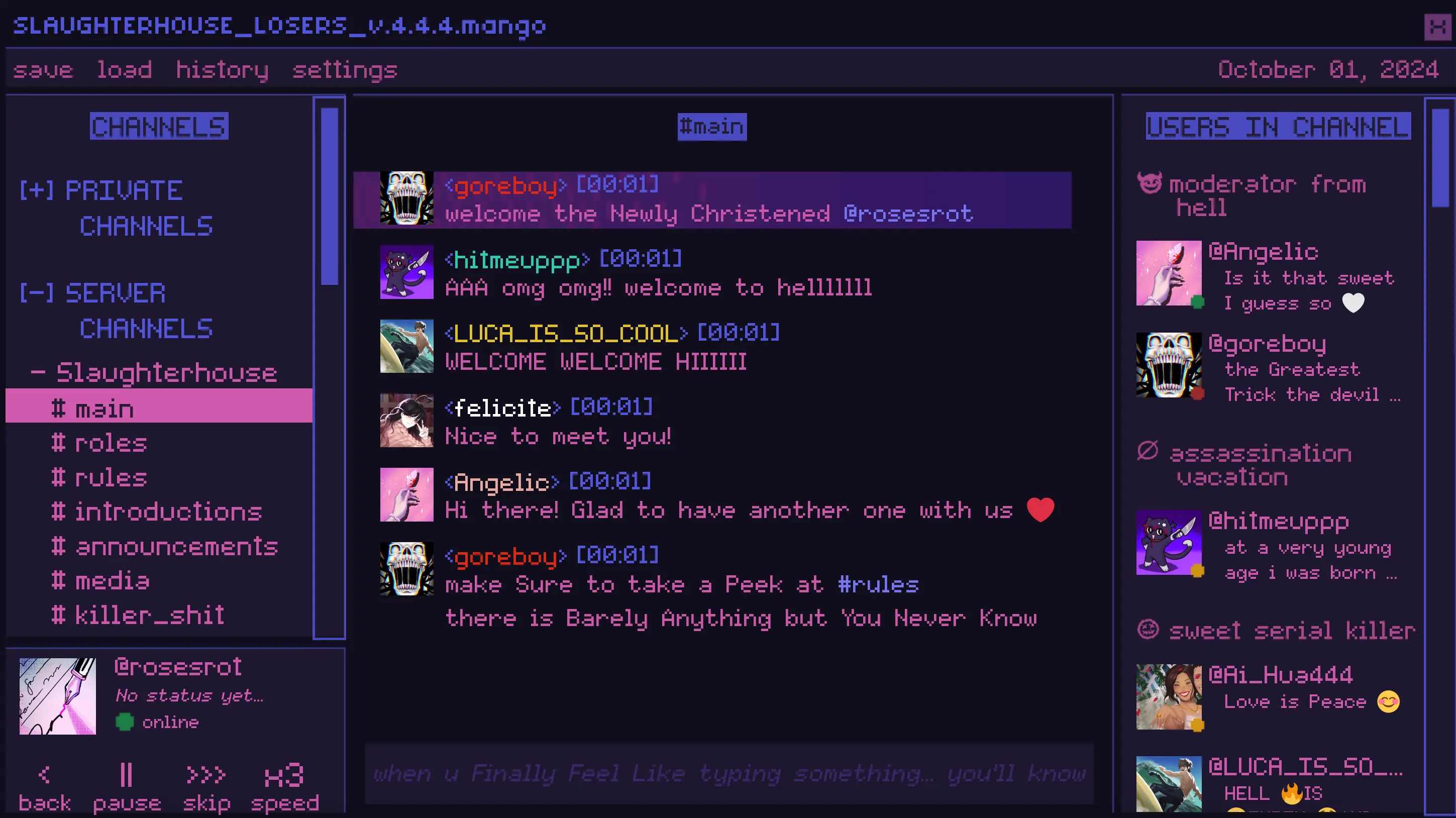 Killer Chat screenshot showing a chat interface with visual novel dialogue