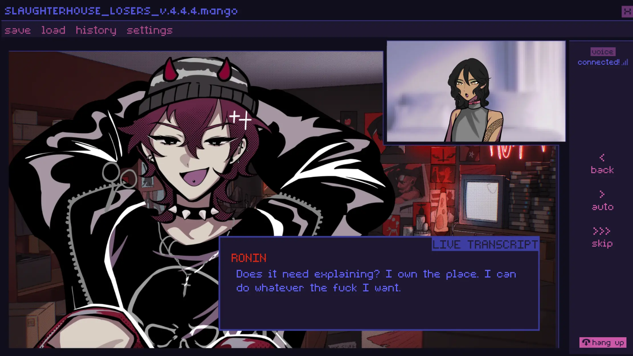 Killer Chat screenshot showing dark comedy visual novel presentation