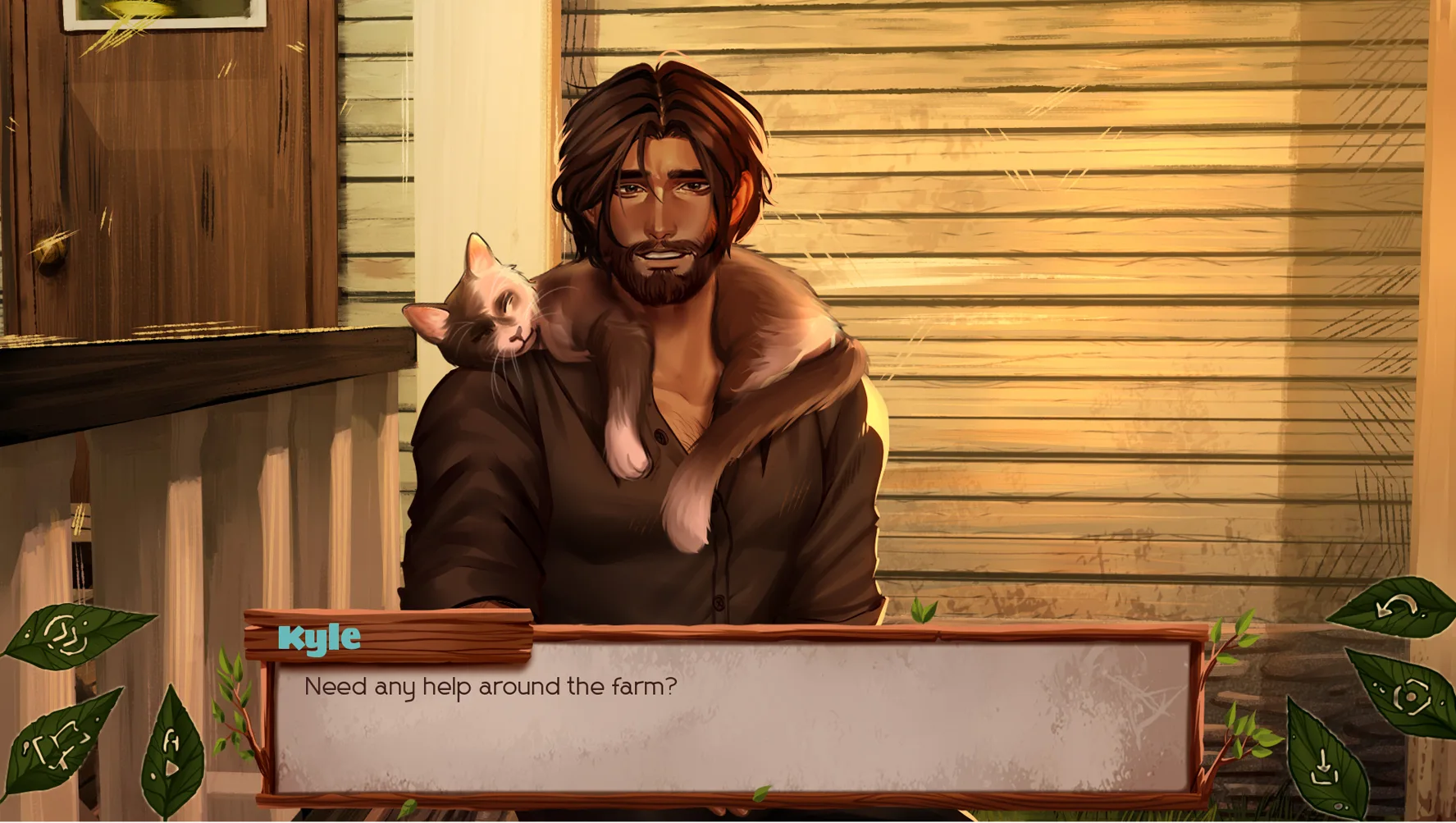 Kyle holds a cat during a farmhouse dialogue scene — The False Sun